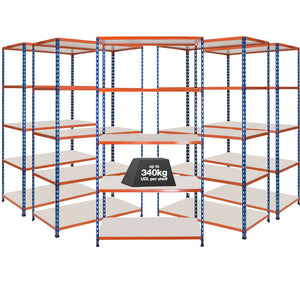 5x SX340 Industrial Shelving - 2440mm High - 340kg - Melamine - Blue & Orange