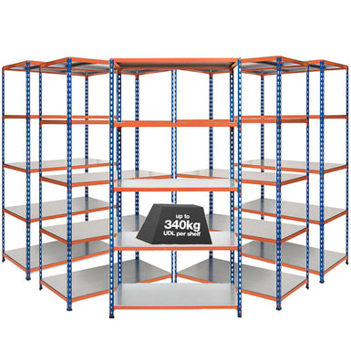 5x SX340 Industrial Shelving - 1980mm High - 340kg - Steel - Blue & Orange