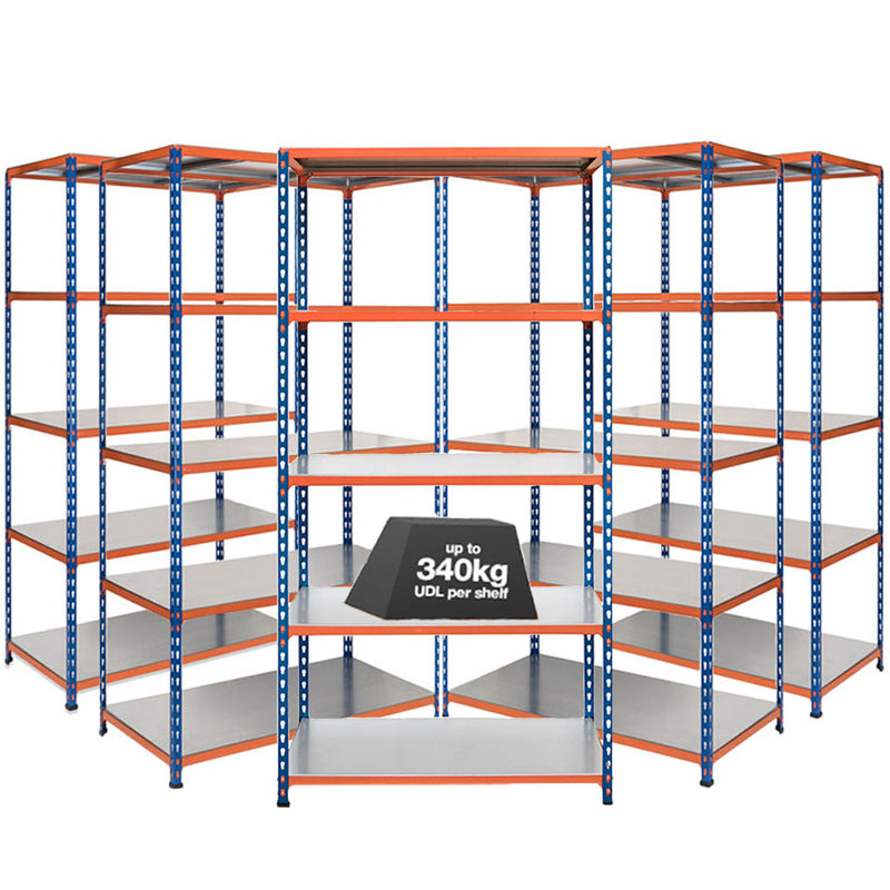 5x SX340 Industrial Shelving - 1980mm High - 340kg - Steel - Blue & Orange