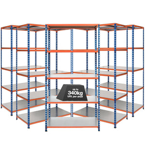 5x SX340 Industrial Shelving - 2440mm High - 340kg - Steel - Blue & Orange