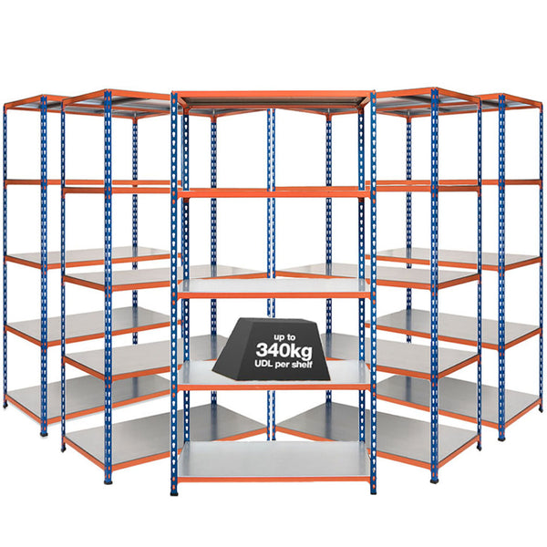 5x SX340 Industrial Shelving - 2440mm High - 340kg - Steel - Blue & Orange