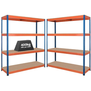 2x SX400 Industrial Shelving - 1677mm High - 400kg - Chipboard - Blue & Orange