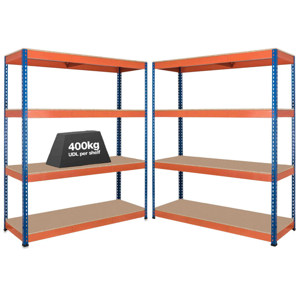 2x SX400 Industrial Shelving - 1677mm High - 400kg - Chipboard - Blue & Orange