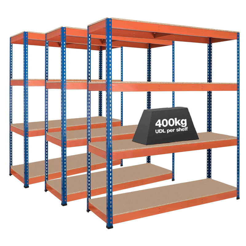 3x SX400 Industrial Shelving - 1677mm High - 400kg - Chipboard - Blue & Orange