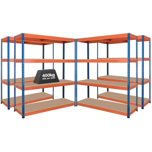 4x SX400 Industrial Shelving - 1677mm High - 400kg - Chipboard - Blue & Orange