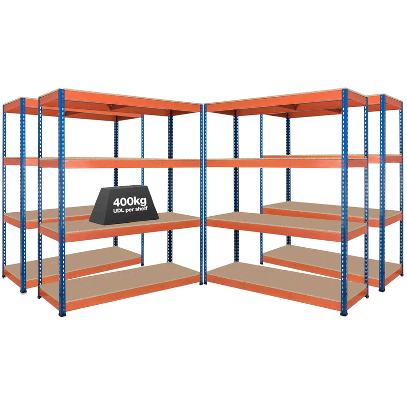 4x SX400 Industrial Shelving - 2440mm High - 400kg - Chipboard - Blue & Orange