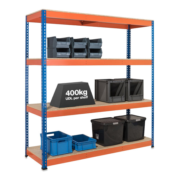 1x SX400 Industrial Shelving - 1980mm High - 400kg - Chipboard - Blue & Orange