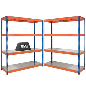 2x SX400 Industrial Shelving - 1677mm High - 400kg - Steel - Blue & Orange