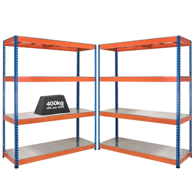 2x SX400 Industrial Shelving - 1677mm High - 400kg - Steel - Blue & Orange