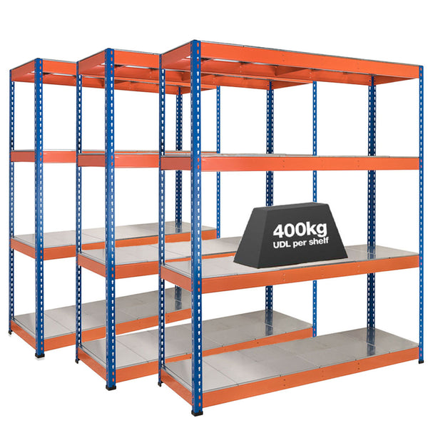 3x SX400 Industrial Shelving - 1677mm High - 400kg - Steel - Blue & Orange