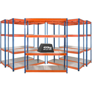 5x SX400 Industrial Shelving - 1677mm High - 400kg - Steel - Blue & Orange