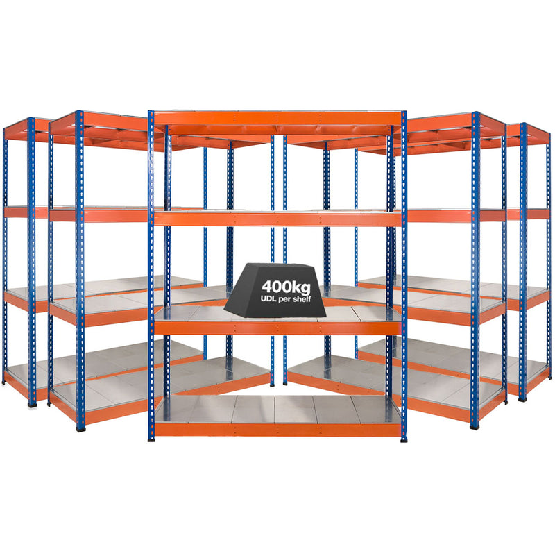 5x SX400 Industrial Shelving - 1677mm High - 400kg - Steel - Blue & Orange