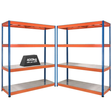 2x SX400 Industrial Shelving - 1980mm High - 400kg - Steel - Blue & Orange