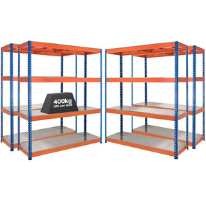 4x SX400 Industrial Shelving - 1980mm High - 400kg - Steel - Blue & Orange