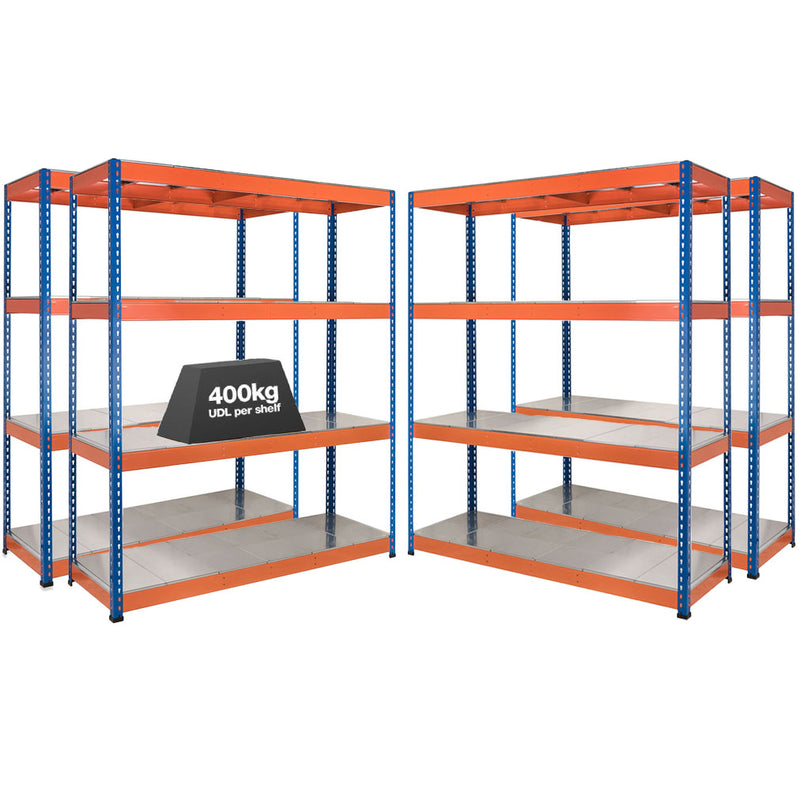 4x SX400 Industrial Shelving - 1980mm High - 400kg - Steel - Blue & Orange