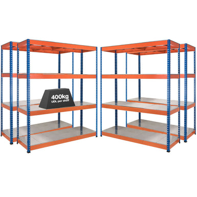4x SX400 Industrial Shelving - 2440mm High - 400kg - Steel - Blue & Orange