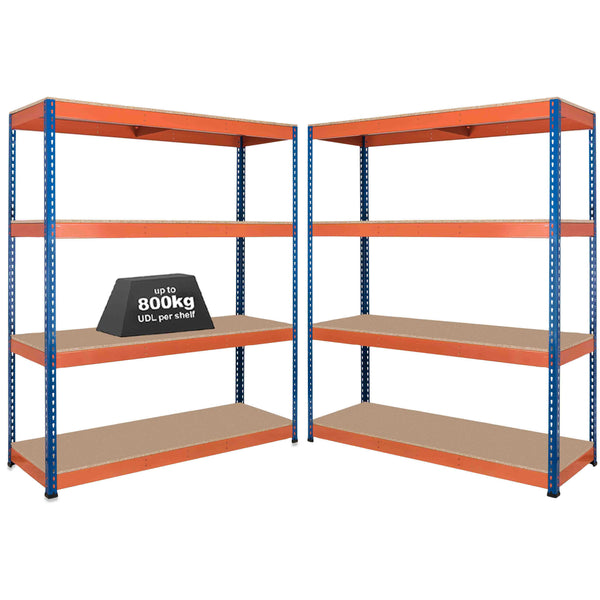 2x SX800 Industrial Shelving - 1980mm High - 800kg - Chipboard - Blue & Orange