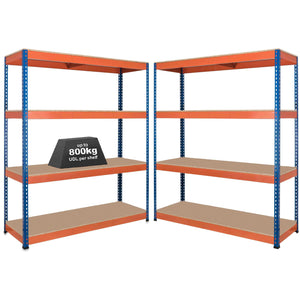 2x SX800 Industrial Shelving - 3050mm High - 800kg - Chipboard - Blue & Orange