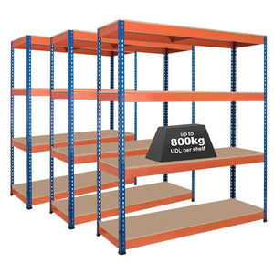 3x SX800 Industrial Shelving - 1980mm High - 800kg - Chipboard - Blue & Orange