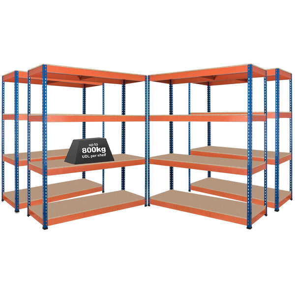 4x SX800 Industrial Shelving - 1980mm High - 800kg - Chipboard - Blue & Orange