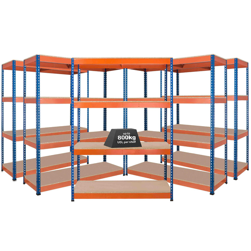 5x SX800 Industrial Shelving - 3050mm High - 800kg - Chipboard - Blue & Orange