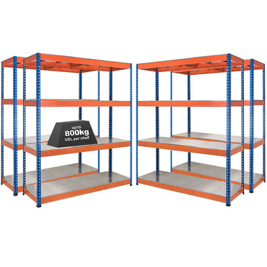 4x SX800 Industrial Shelving - 1980mm High - 800kg - Steel - Blue & Orange