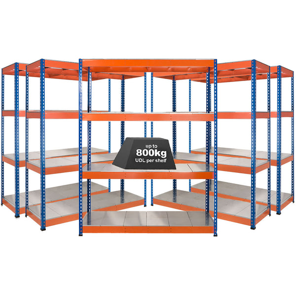 5x SX800 Industrial Shelving - 1980mm High - 800kg - Steel - Blue & Orange