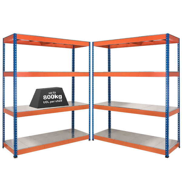 2x SX800 Industrial Shelving - 2440mm High - 800kg - Steel - Blue & Orange