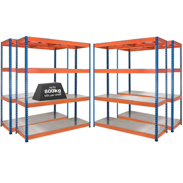 4x SX800 Industrial Shelving - 2440mm High - 800kg - Steel - Blue & Orange