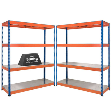 2x SX800 Industrial Shelving - 3050mm High - 800kg - Steel - Blue & Orange