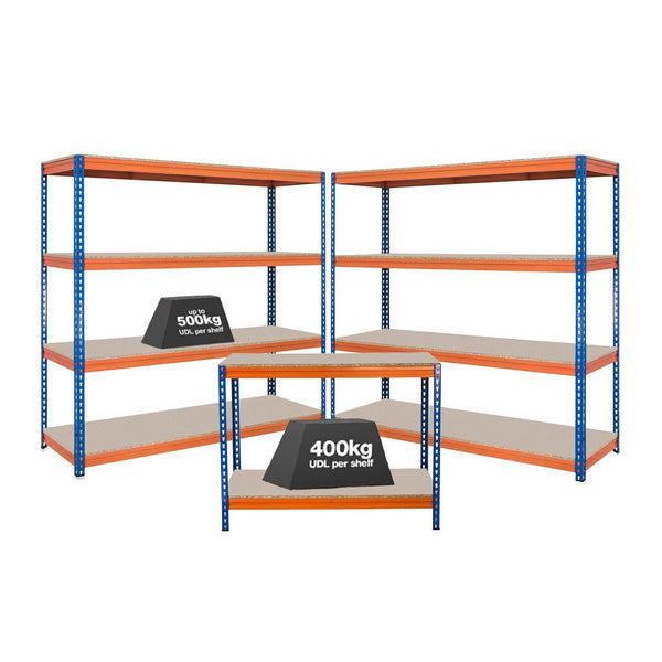 2x CRW Industrial Shelving - 1800mm High & 1x CRW Workbench - 1200mm Wide - Blue/Orange