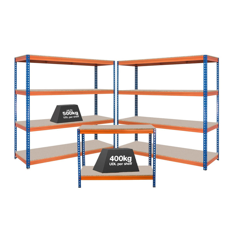 2x CRW Industrial Shelving - 1800mm High & 1x CRW Workbench - 1200mm Wide - Blue/Orange