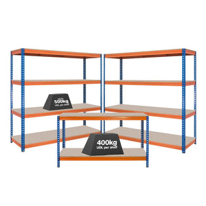 2x CRW Industrial Shelving - 1800mm High & 1x CRW Workbench - 1600mm Wide - Blue/Orange