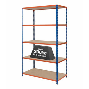 1x SX200 Industrial Shelving - 2440mm High - 200kg - Chipboard - Blue & Orange