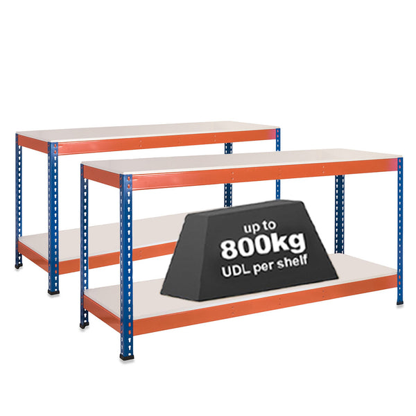 2x SX800 Workbenches - 915mm High - 800kg - Melamine - Blue/Orange