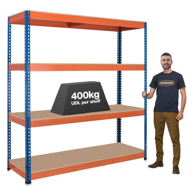 1x SX400 Industrial Shelving - 2440mm High - 400kg - Chipboard - Blue & Orange