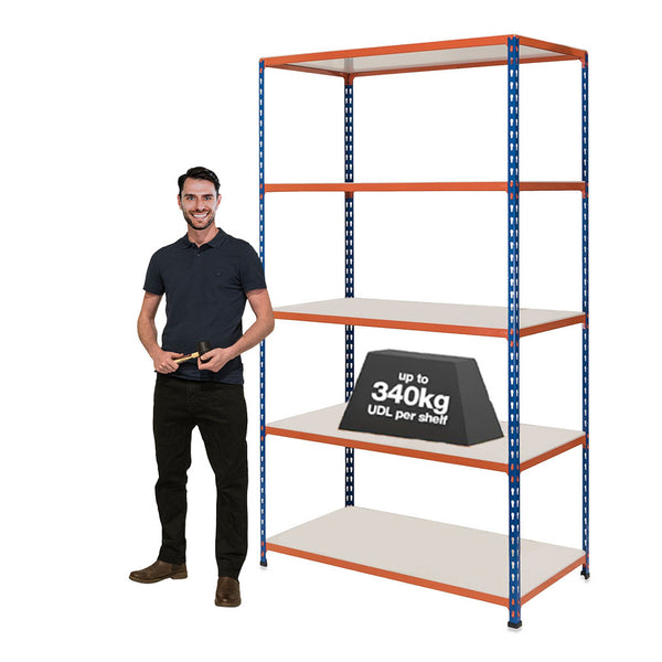 1x SX340 Industrial Shelving - 2440mm High - 340kg - Melamine - Blue & Orange