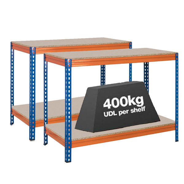 2x CRW Heavy Duty Workbenches - 915mm High - 400kg - Chipboard - Blue/Orange