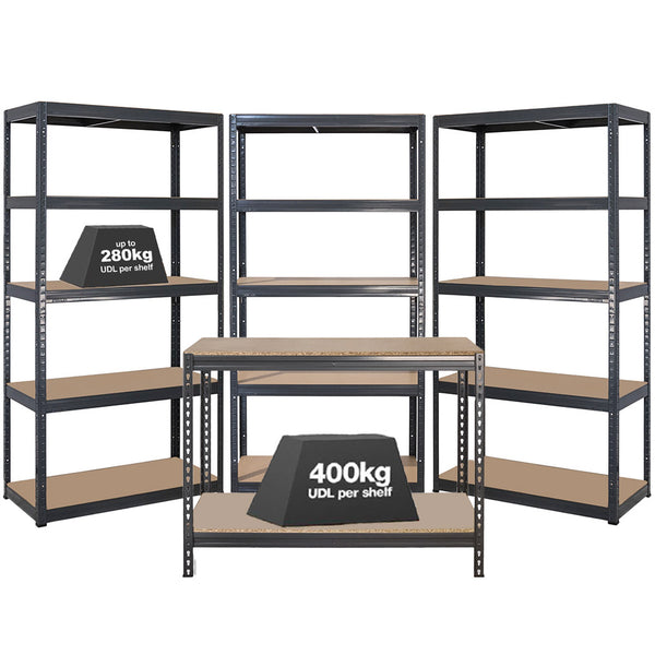 3x VRS Shelving Units - 1800mm High & 1x Workbench - 1200mm Wide - Grey