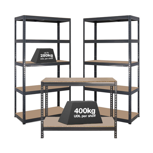 2x VRS Shelving Units - 1800mm High & 1x Workbench - 1200mm Wide - Grey