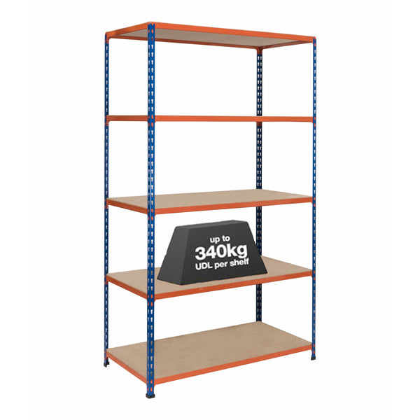 1x SX340 Industrial Shelving - 1980mm High - 340kg - Chipboard - Blue & Orange