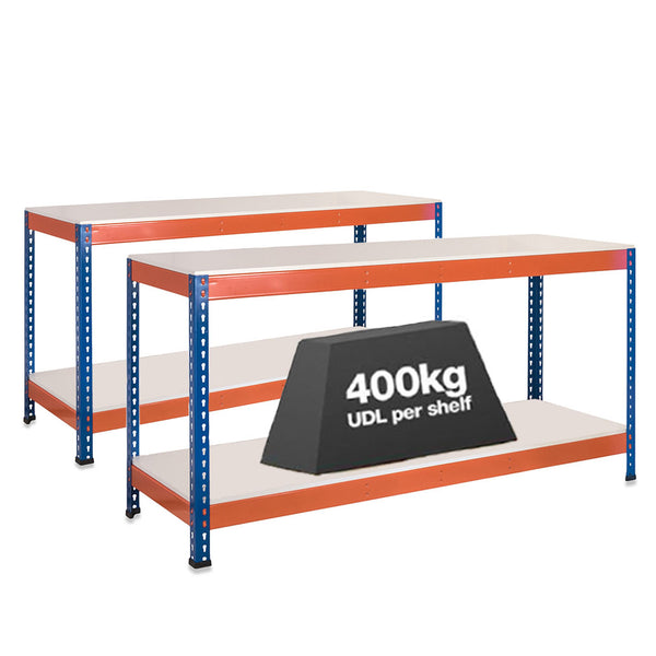 2x SX400 Workbenches - 915mm High - 400kg - Melamine - Blue/Orange