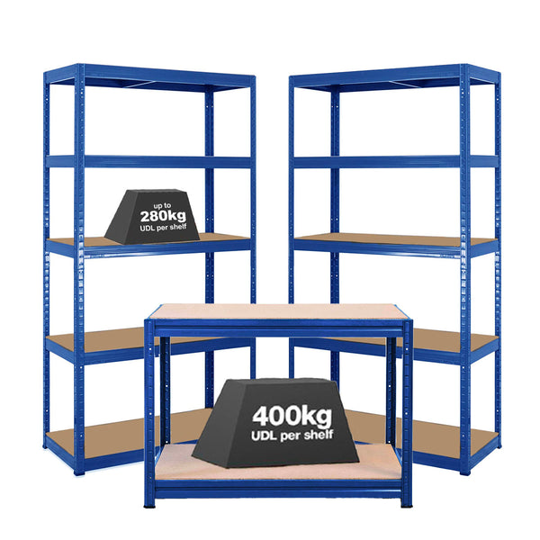 2x VRS Shelving Units - 1800mm High & 1x Workbench - 1200mm Wide - Blue