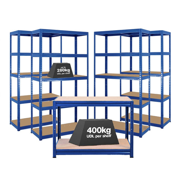 4x VRS Shelving Units - 1800mm High & 1x Workbench - 1200mm Wide - Blue