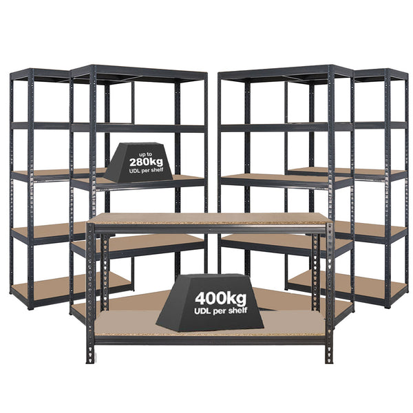 4x VRS Shelving Units - 1800mm High & 1x Workbench - 1600mm Wide - Grey