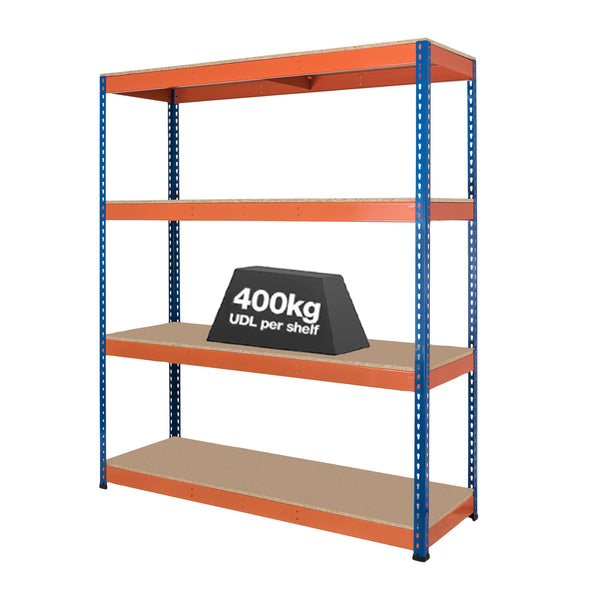 1x SX400 Industrial Shelving - 1677mm High - 400kg - Chipboard - Blue & Orange
