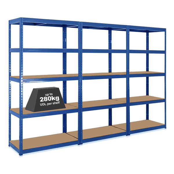 3x VRS Heavy Duty Shelving - 1800mm High - 200/280kg - Blue