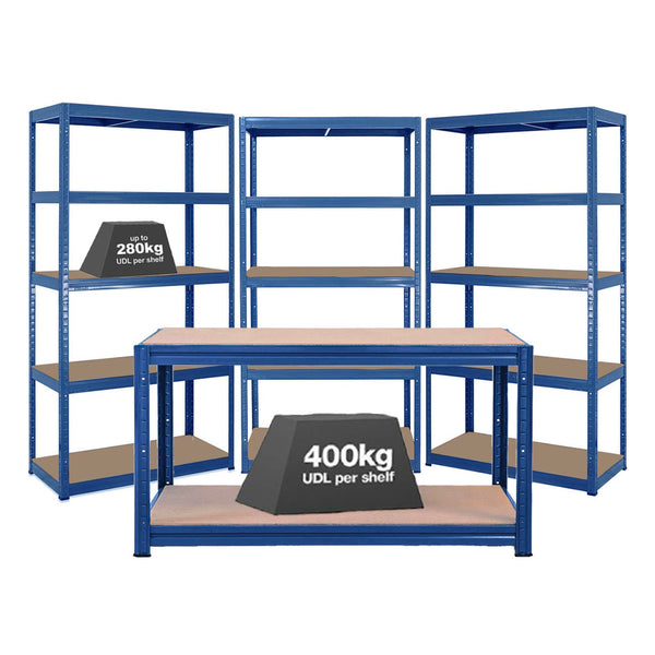 3x VRS Shelving Units - 1800mm High & 1x Workbench - 1600mm Wide - Blue