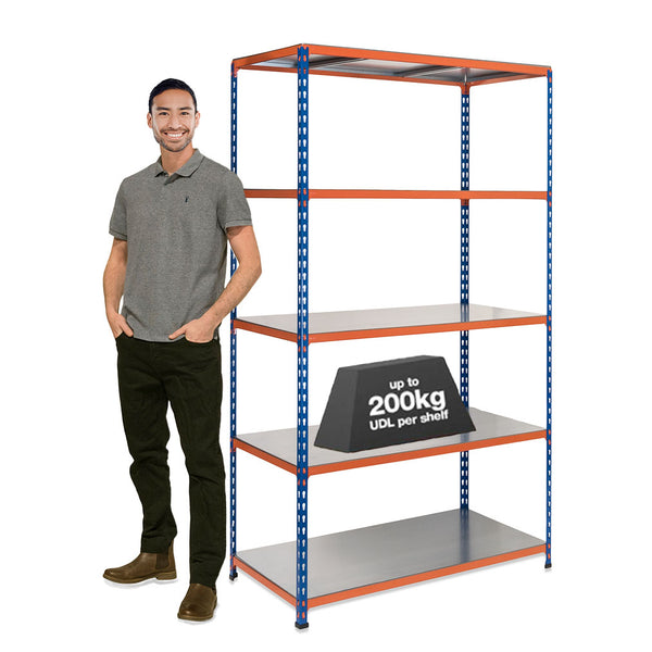 1x SX200 Industrial Shelving - 1830mm High - 200kg - Steel - Blue & Orange