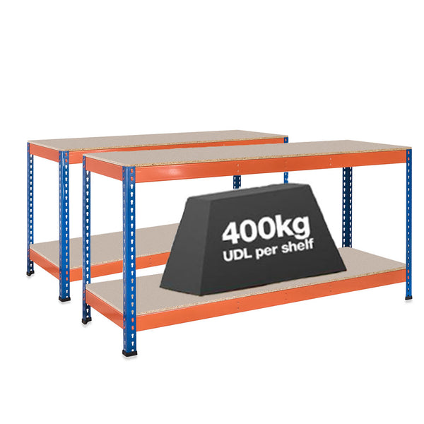 2x SX400 Workbenches - 915mm High - 400kg - Chipboard - Blue/Orange